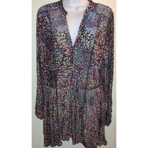 Boho Goth Mesh Tunic Blouse Large Multicolor Sheer Velvet Burnout Floral Top